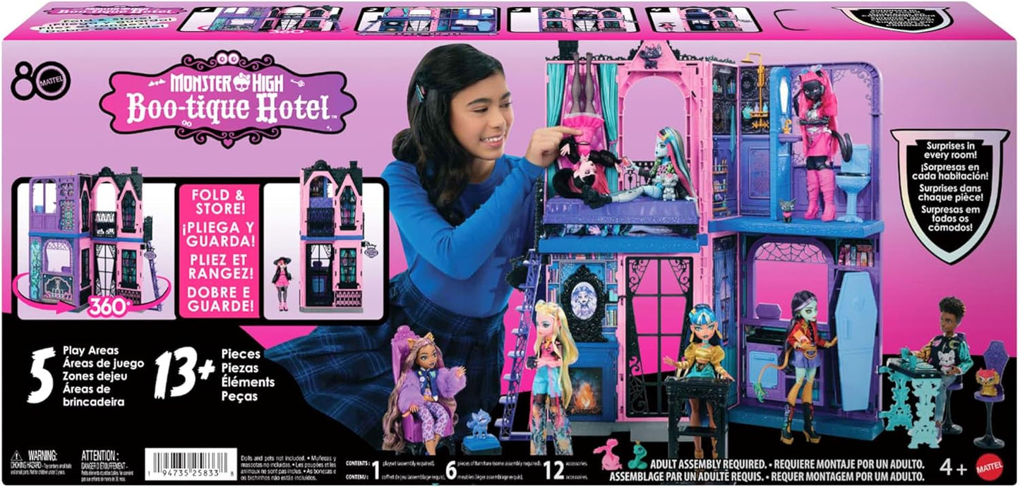 Monster High Casa de bonecas Boo-tique Hotel, conjunto dobrável com surpresas assustadoras em todos os cômodos e mais de 13 peças, incluindo móveis e acessórios, JBF16