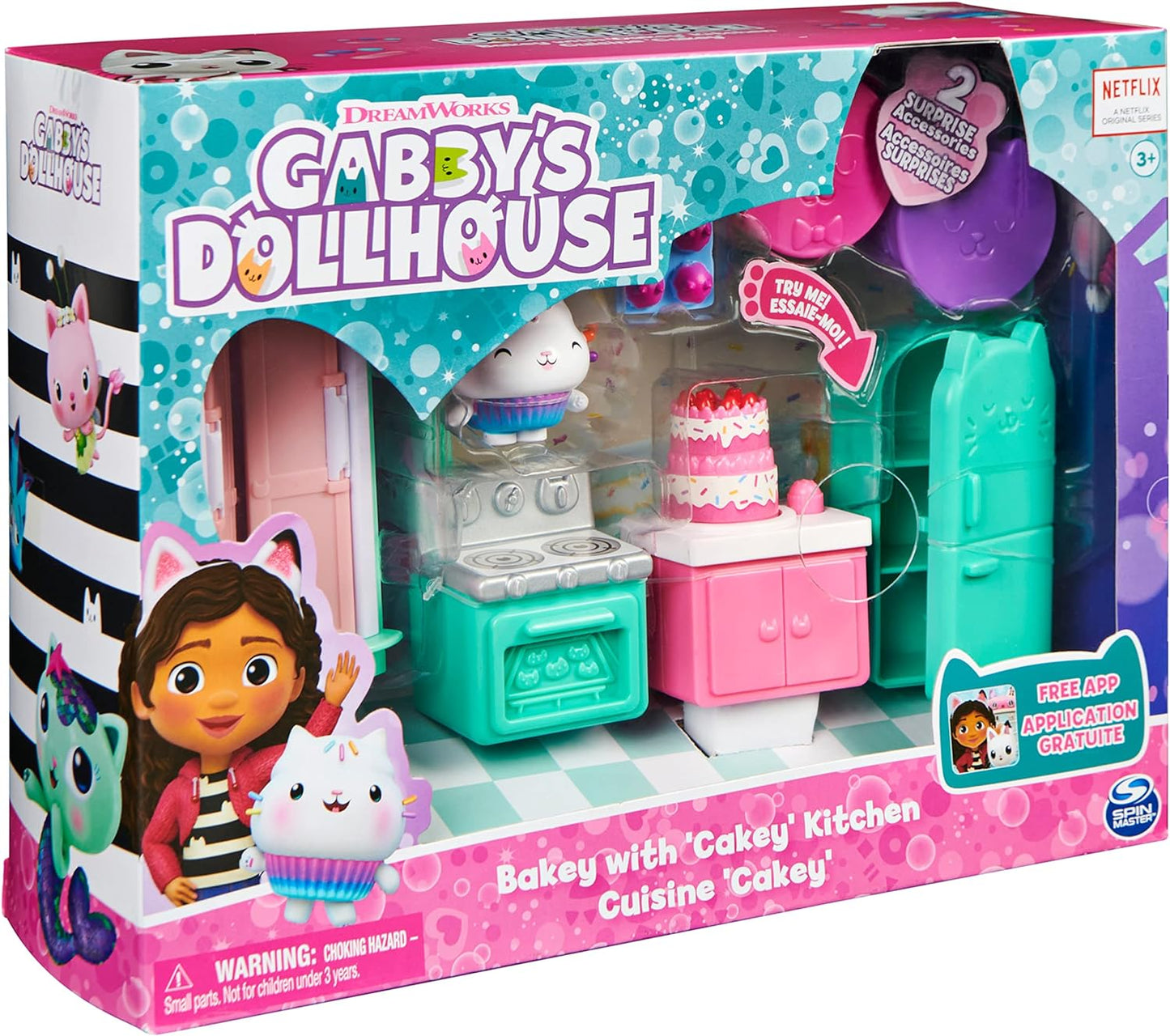 Gabby’s Dollhouse Bakey com Cakey Kitchen com figura e 3 acessórios, 3 móveis e 2 entregas, brinquedos infantis para maiores de 3 anos