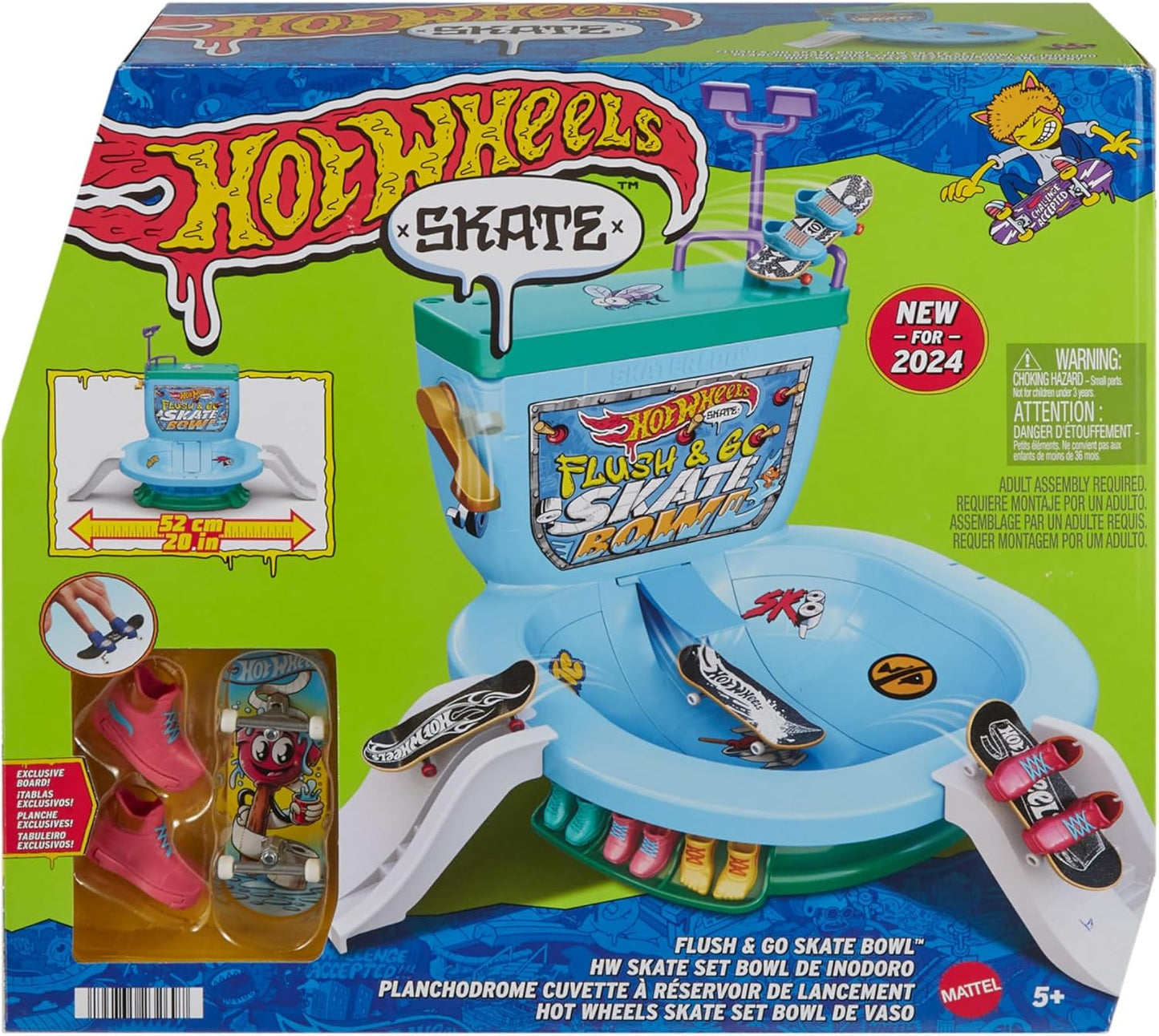 Hot Wheels Skate Fingerboard Conjunto de skate para vaso sanitário, Flush & Go Skate Park com 1 prancha exclusiva e par de sapatos de skate removíveis, inclui armazenamento embutido