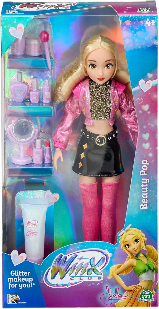 Winx Club Boneca Beauty Pop – Stella com Roupa Glamorosa para Concerto e Gel com Glitter – Boneca Fada Totalmente Articulada com Acessórios de Beleza – Brinquedo Oficial para Meninas – A partir de 4 Anos