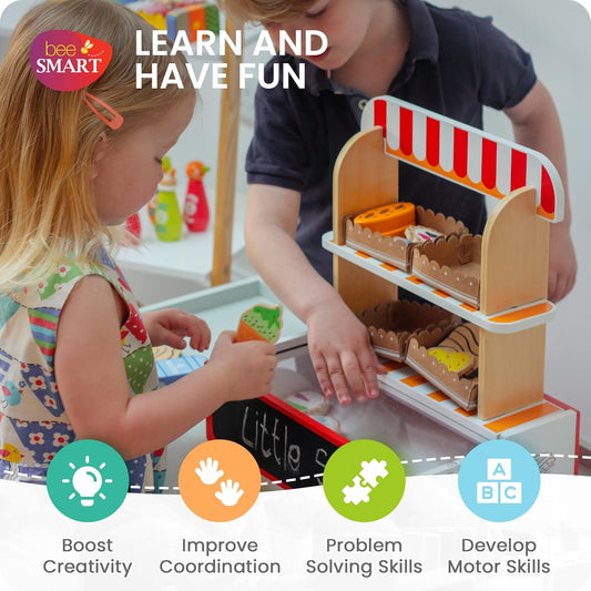 Bee Smart Conjunto de loja de jogos de madeira – mais de 28 peças | Crianças fingem brincar Loja de comida e acessórios | Kit de cozinha para dramatização infantil e brincadeiras imaginárias | Presentes de aniversário