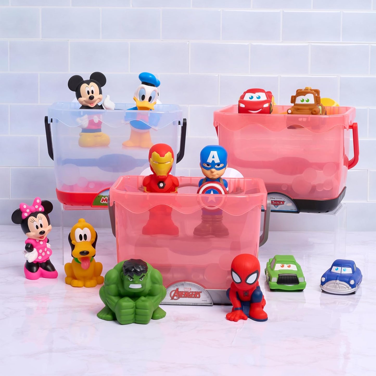 Disney Organizador de Banheira Toy Story, 6 peças, 5 figuras de brinquedo para banho, lacrado para segurança, fixa na parede, brinquedo de banho para fãs, meninas, meninos e crianças a partir de 3 anos.