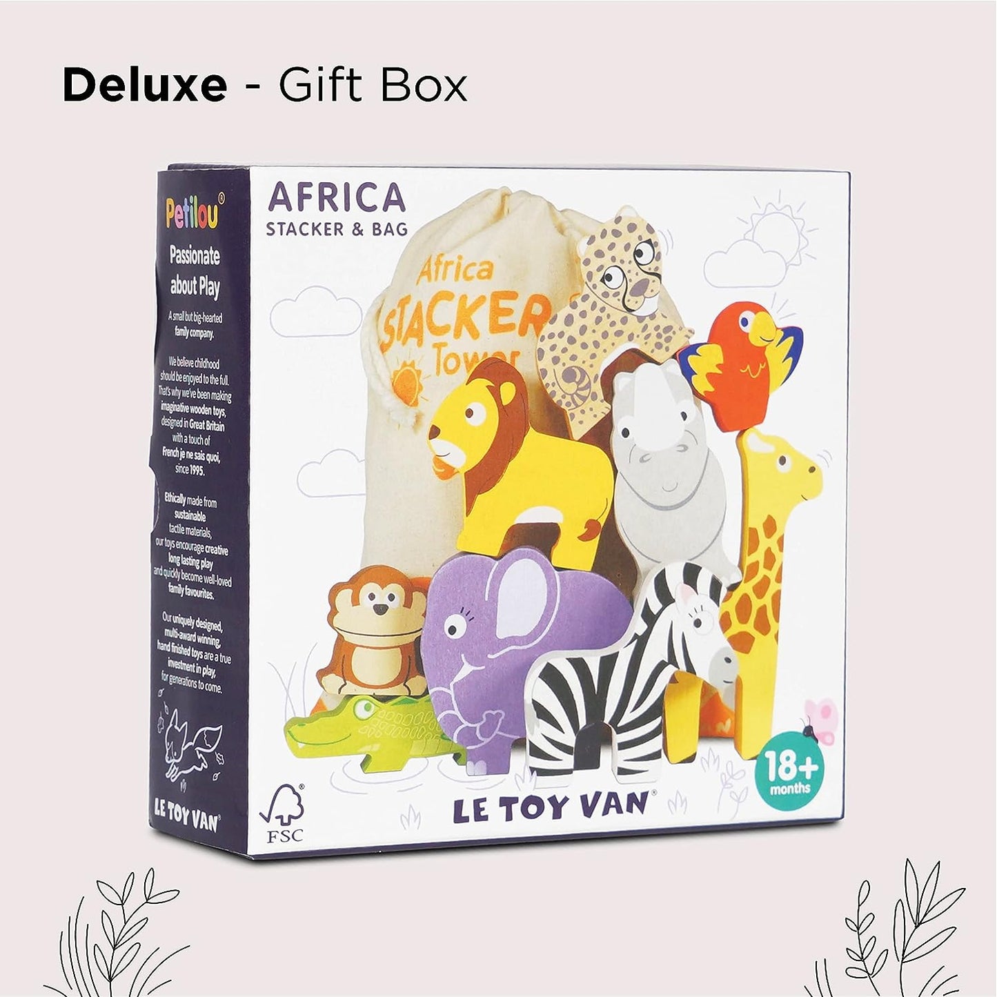 Le Toy Van - Brinquedo de atividade educacional de equilíbrio Petilou Africa Stacker & Bag de madeira para 18 m +, 9 peças