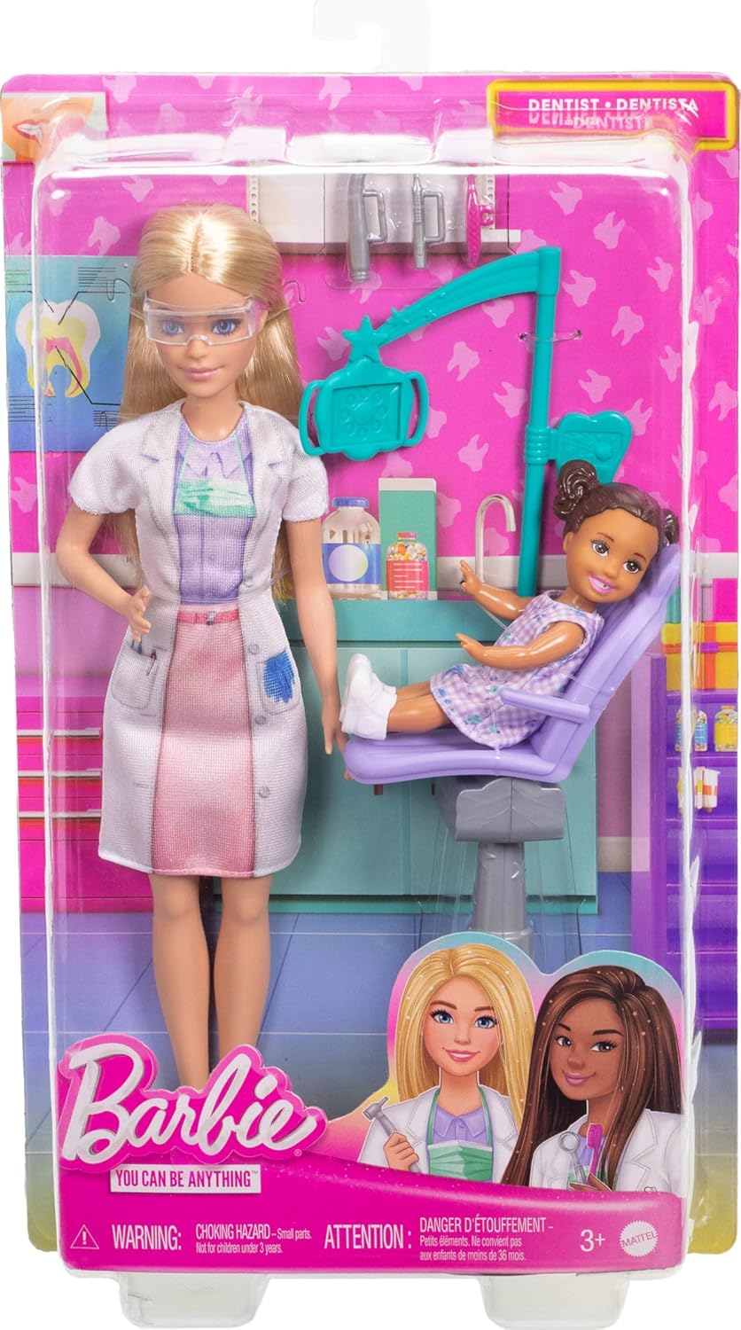 Barbie Boneca Dentista Loira com Vestido Azul e Jaleco, 1 Criança, Móveis e Acessórios para Médico, JCR74