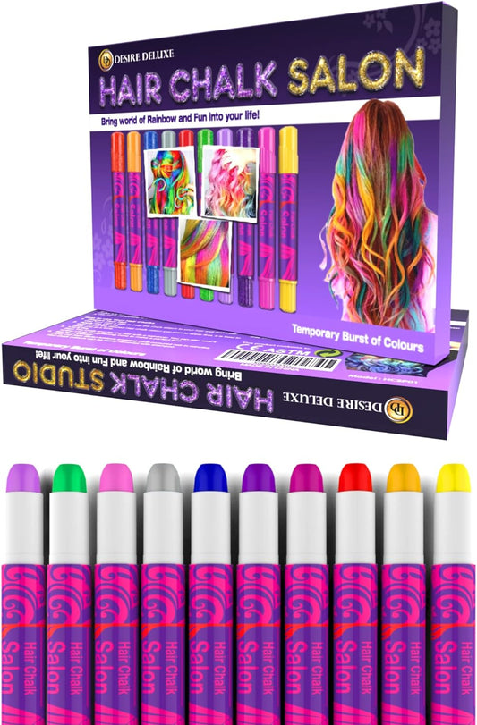 Desire Deluxe Tiza para el Cabello Regalo para Niñas - 10 Tintes Temporales para el Cabello No Tóxicos, Fáciles de Lavar, Coloridos, Metálicos y con Purpurina - Grandes Juegos Cumpleaños para Niñas