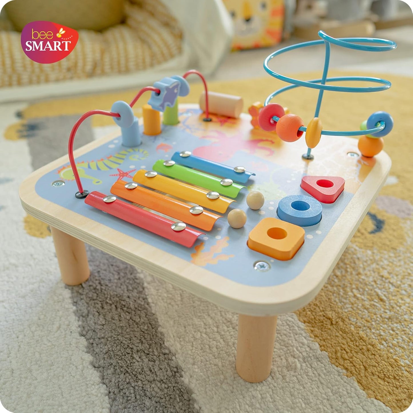 Bee Smart Mesa de atividades de madeira para brinquedos - jogo 5 em 1 | Mesa de atividades para crianças aprendendo | Xilofone, labirinto de contas, banco de martelo