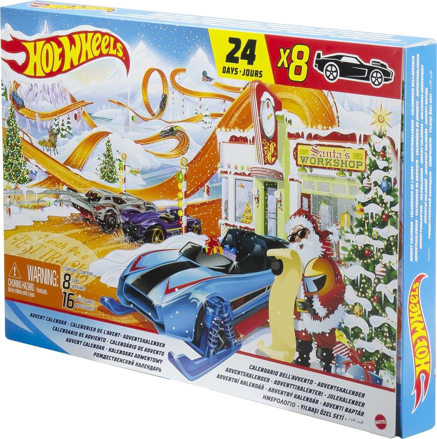 Calendario de Adviento Hot Wheels 2023, 8 autos Hot Wheels y 16 accesorios con temática invernal detrás de 24 puertas numeradas, además de un tapete de juego, para niños y fanáticos de Hot Wheels, HKL74