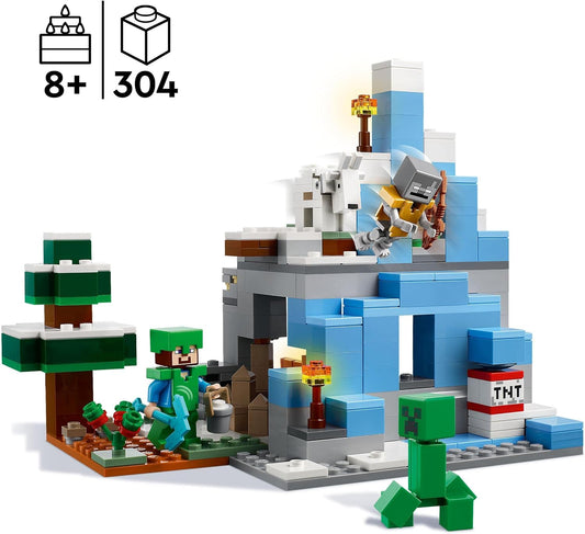 LEGO Minecraft The Frozen Peaks, Cave Mountain Set com Steve, Creeper, figuras de cabra e acessórios, brinquedo de bioma gelado para crianças