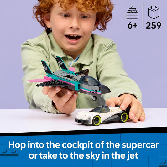 LEGO City Jato vs. Carro - Kit de Construção com Avião, Supercarro e Minifiguras de Piloto e Motorista - Ideia de Presente de Aniversário Criativa para Meninos a partir de 6 Anos - 60489
