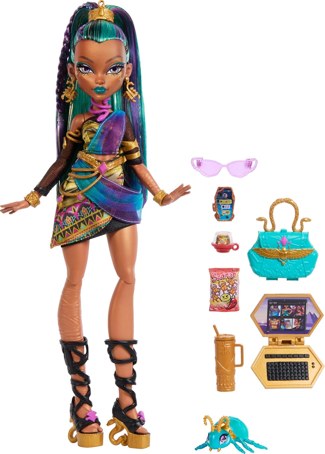 Monster High Boneca Nefera De Nile, Múmia Real em Vestido com seu Bichinho de Estimação Escaravelho Lavish e 7 Acessórios como Bolsa, Laptop, Óculos de Sol, Bebida e Lanches, JDR48