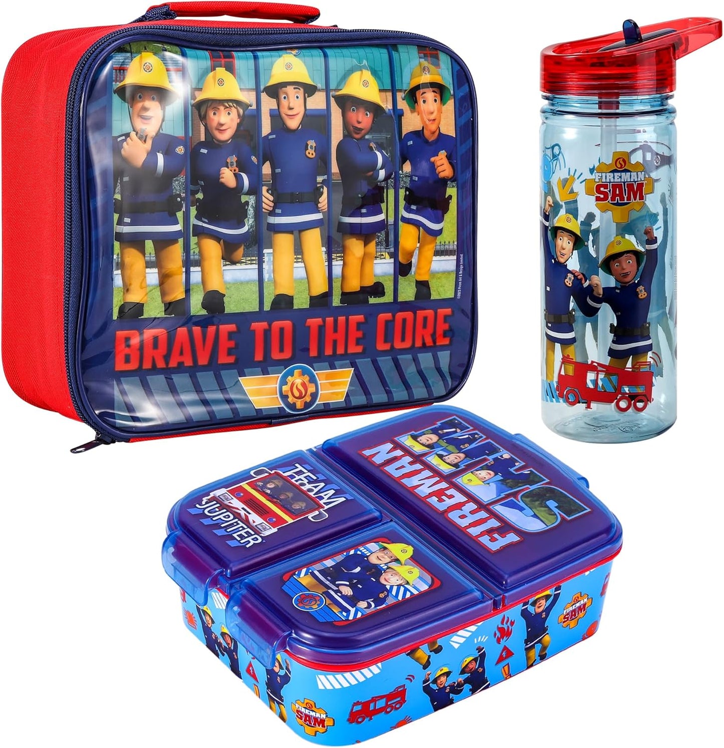 Zawadi Conjunto de lancheira infantil Global Fireman Sam Kids - lancheira isolada, lancheira com vários compartimentos e garrafa de água de 580 ml - conjunto de comida para almoço de viagem escolar,