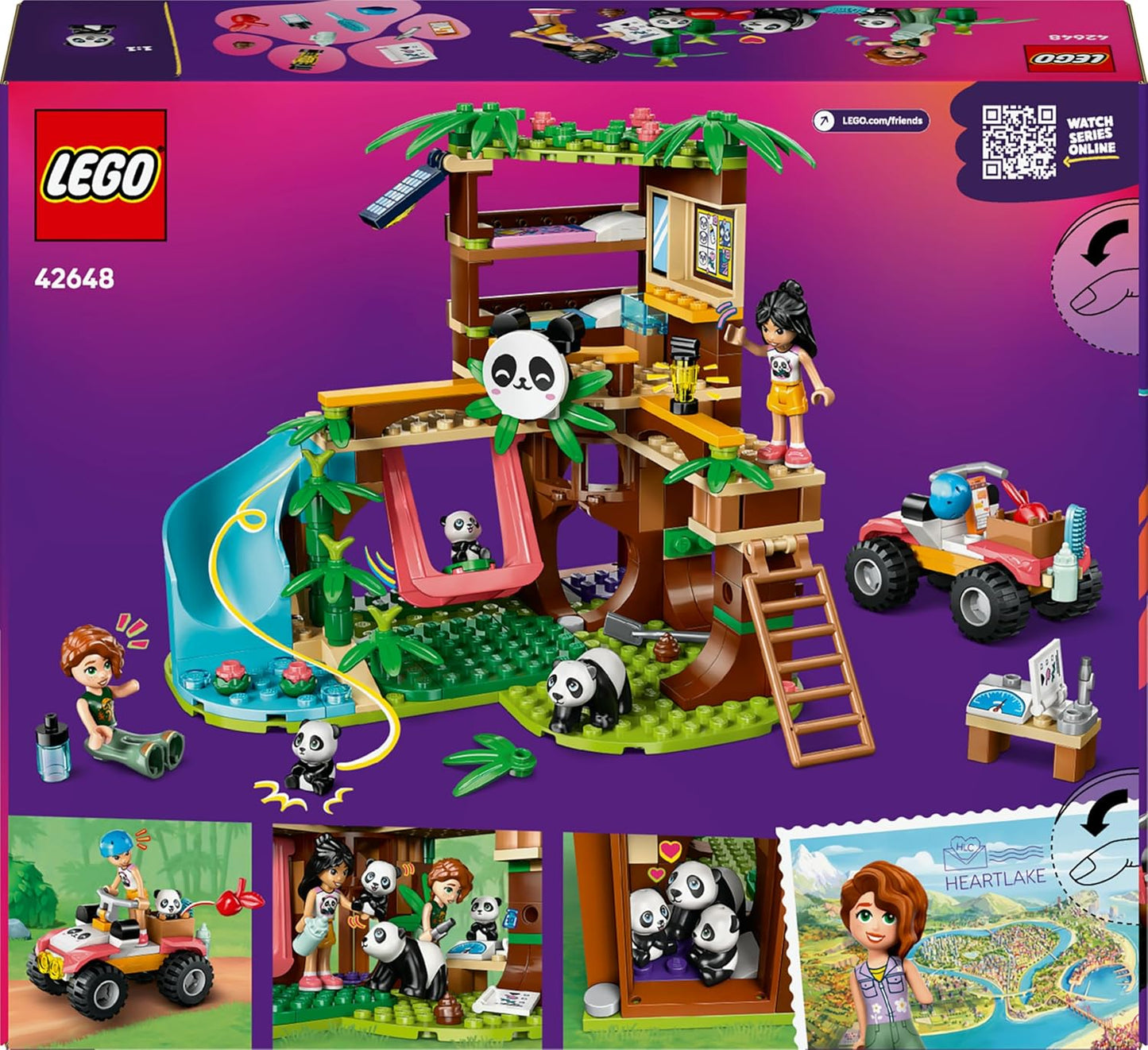 LEGO Friends Santuário dos Pandas - Brinquedo de Cuidados com Animais com Casa na Árvore, Quadriciclo, 2 Mini Bonecas e 3 Figuras de Panda - Conjunto de Construção Criativa para Meninas a partir de 7 Anos - 42648