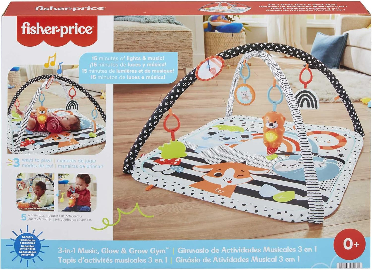 Ginásio para Bebê 3 em 1 Fisher-Price para Recém-Nascidos com Brinquedos Sensoriais, Luzes e Sons para Atividades de Barriga para Baixo, Ginásio Musical que Brilha e Cresce, HBP41