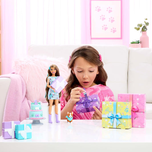 Barbie Party Unboxed Boneca e Acessórios, Azul - Estrelas, Série de Aniversário de Animais de Estimação Estrelas, Corações, Laços, Conjunto com 10 Surpresas, Incluindo Mudança de Cor e Atividade de Decoração de Bolo
