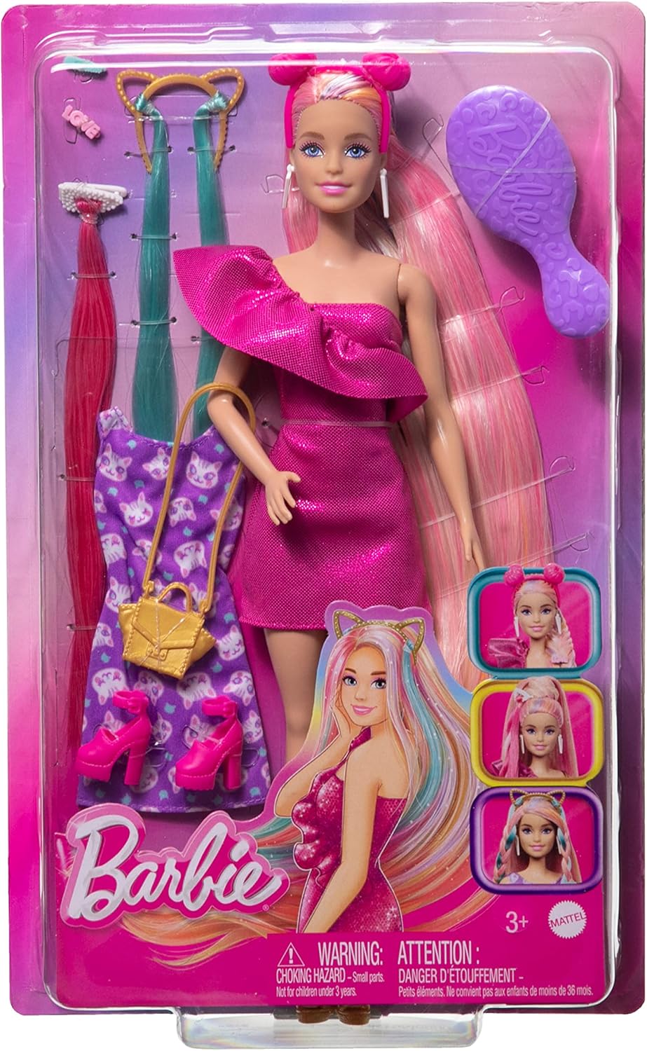 Barbie Boneca, cabelo divertido e extravagante com cabelo loiro colorido extra longo e vestido rosa brilhante, 10 acessórios de cabelo e moda para brincar, HKT96