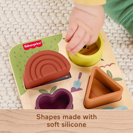 Fisher-Price Brinquedo de madeira para bebês: quebra-cabeça de silicone para classificação e crescimento de formas com base de madeira, ideal para bebês a partir de 6 meses, JKH10