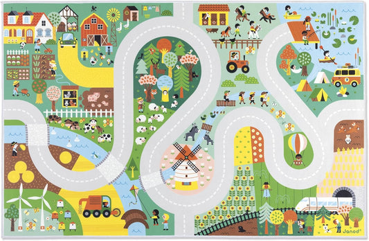Janod - Tapis Voiture Enfant - Thème Ville - Doux & Anti-dérapant - Motif Urbain - Tapis de Jeux Chambre Fille & Garçon - 120 x 78cm - Lavável