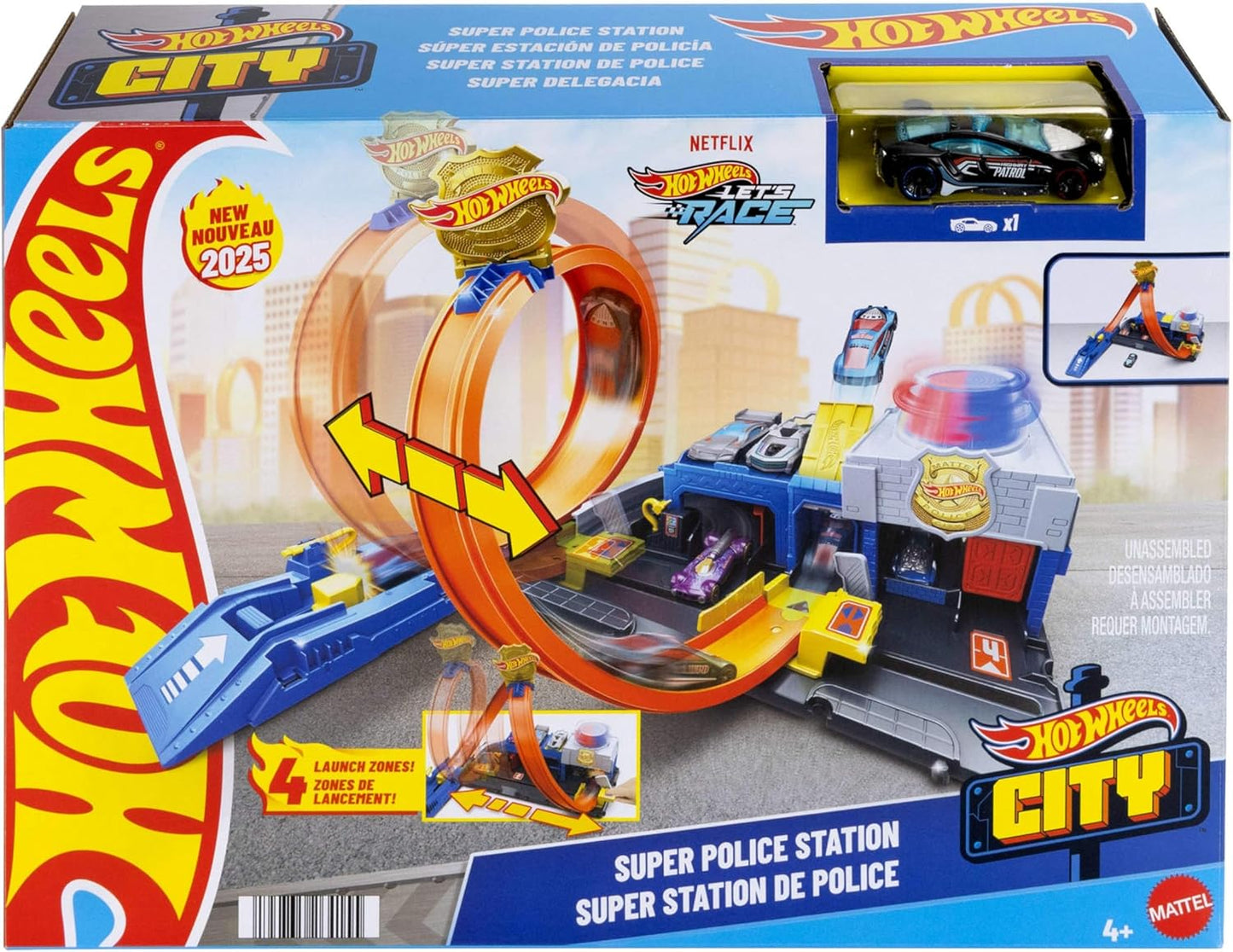 Conjunto de Pista de Carrinhos Hot Wheels, Super Delegacia de Polícia com Veículo Die-Cast em Escala 1:64, Circuito Ajustável para Diversas Maneiras de Correr e Fazer Acrobacias, JBM71