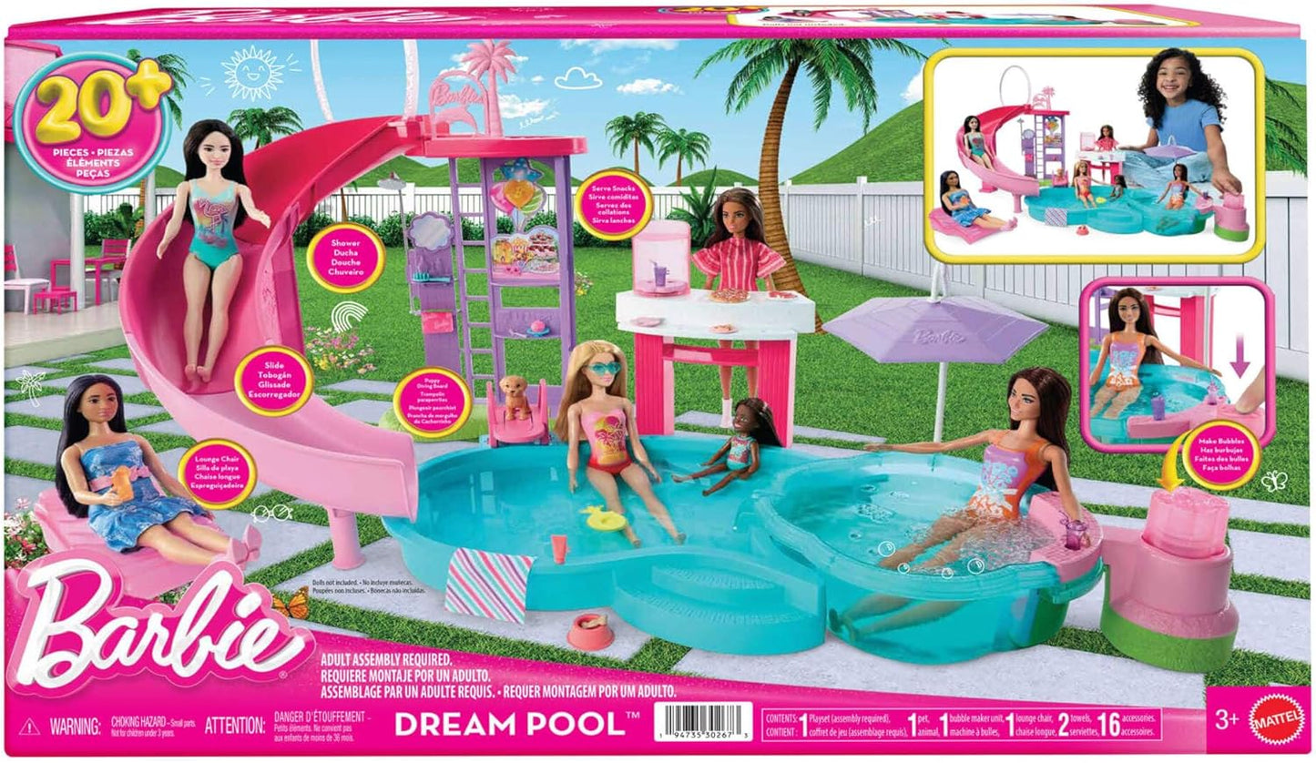Barbie Piscina dos Sonhos da com 6 áreas de brincadeira, incluindo escorregador e banheira de hidromassagem, além de mais de 20 acessórios como bichinhos de estimação, boias e muito mais, JKG83