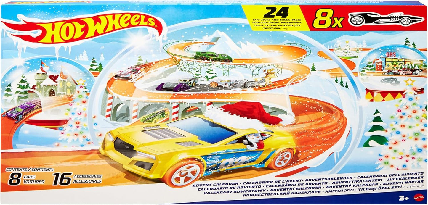 Hot Wheels Toy Cars, Calendario de Adviento 2024, 8 autos Hot Wheels a escala 1:64, 16 accesorios con temática invernal detrás de 24 puertas numeradas y una alfombra de juego, HTG00