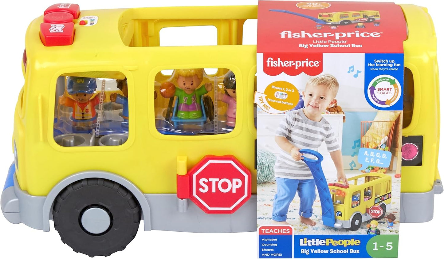Fisher-Price Little People Juguete de aprendizaje para niños pequeños, gran autobús escolar amarillo con luces, sonidos y escenarios inteligentes, 4 figuras, edades 1+, GLT75