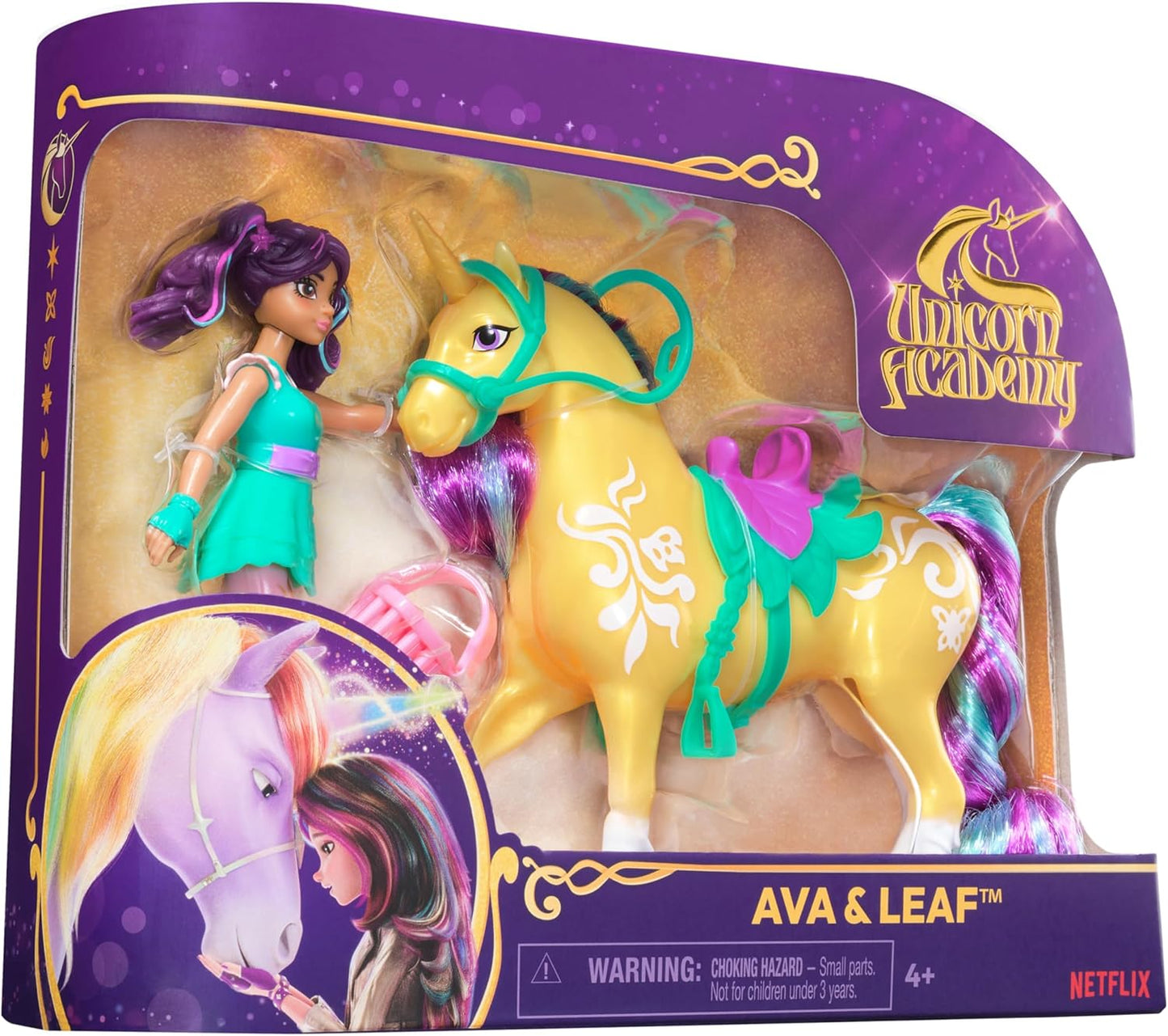 Unicorn Academy Conjunto Ava & Leaf com 2 acessórios de montaria e ferramenta de penteado, bonecas e brinquedos de unicórnio para meninas a partir de 4 anos.
