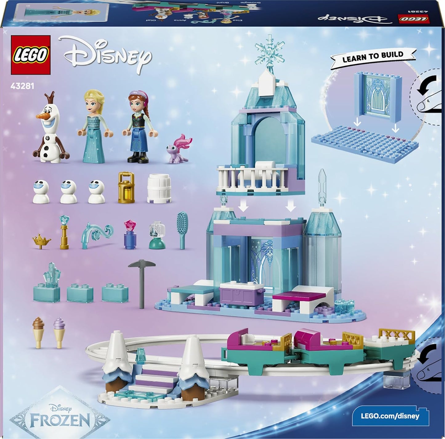 LEGO | Castelo de Gelo e Passeio na Neve da Elsa de Frozen da Disney - Inclui Mini Bonecas da Anna e da Elsa, Figura do Olaf, Trilho de Trem e Carrinhos de Neve - Presente para Meninas a partir de 4 Anos - 43281