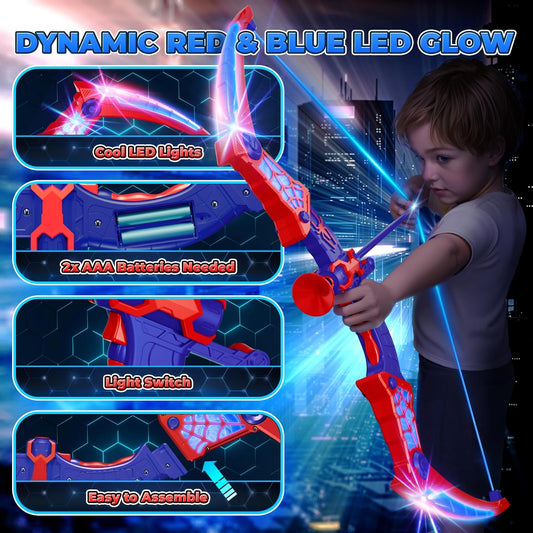 Brinquedo para crianças de 3 a 12 anos, aranha de brinquedo com luzes LED vermelhas e azuis, aljava e alvo de teia, presente para meninos e meninas de 3 a 10 anos.