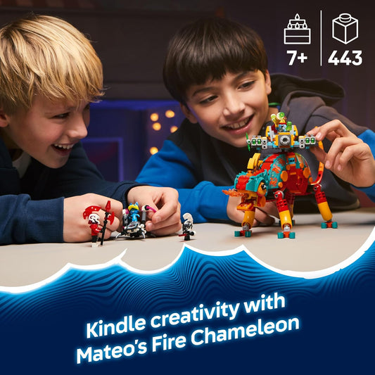 LEGO DREAMZzz 2 em 1 O Camaleão de Fogo, figura de fantasia animal de Mateo, se transforma em um robô a jato de brinquedo, conjunto de construção guardião para meninos e meninas a partir de 7 anos, incluindo 2 minifiguras de presente.