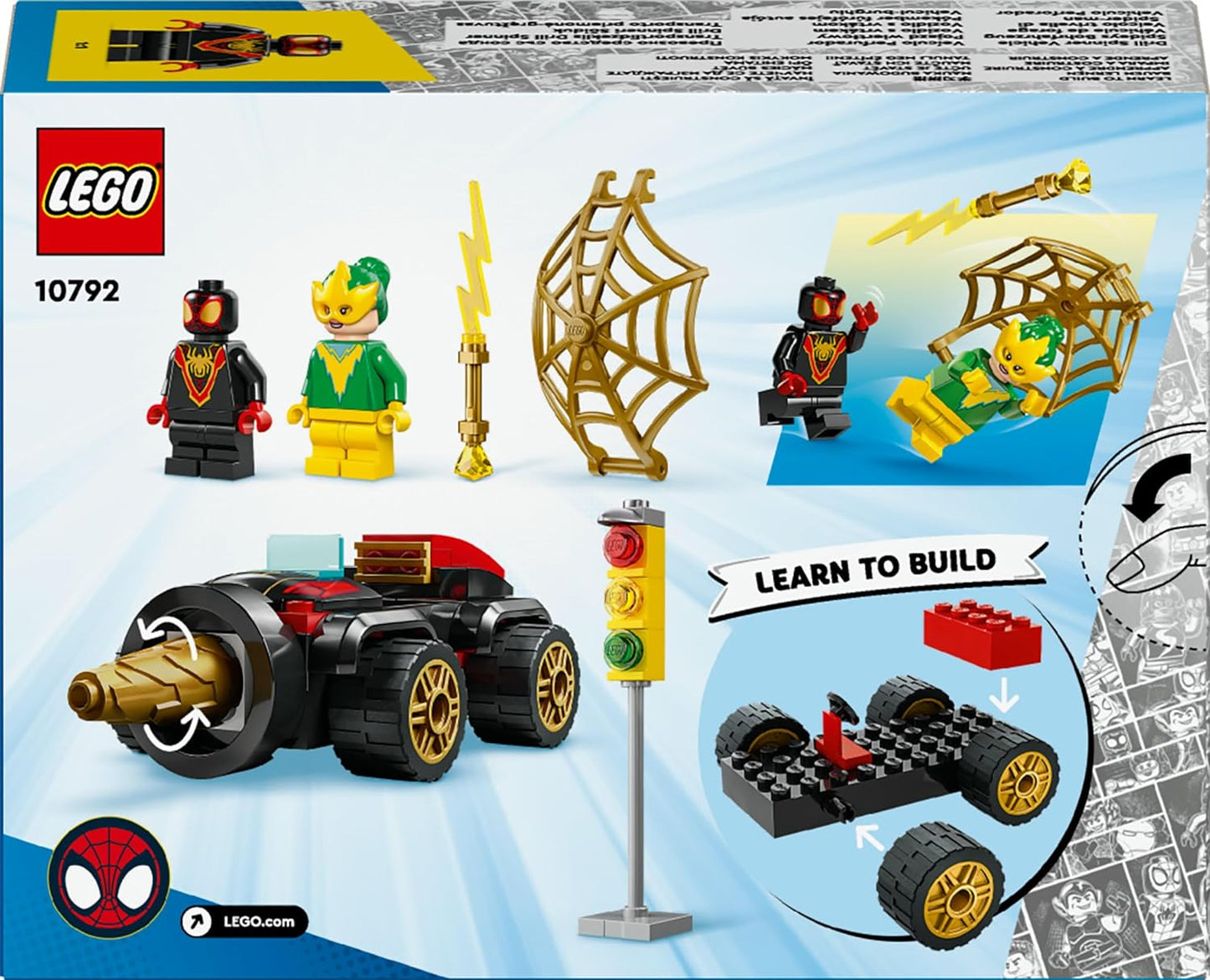LEGO Marvel Spidey e seus incríveis amigos Drill Spinner Vehicle, brinquedo de carro do Homem-Aranha para crianças, meninos e meninas de mais de 4 anos, com 2 minifiguras, diversão de super-herói do programa de TV Disney +, ideia de presente 10792