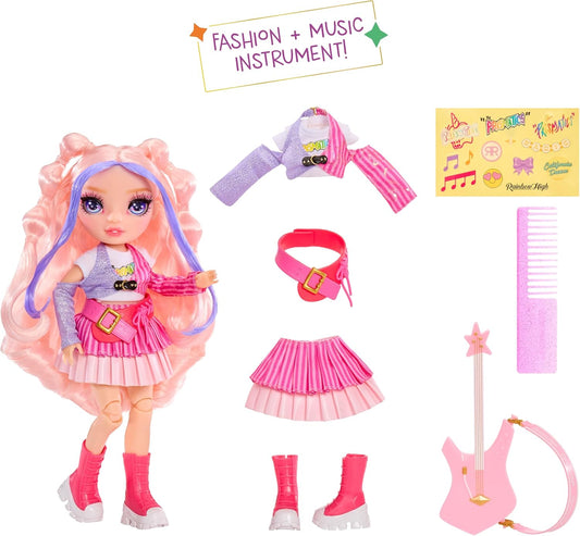 Rainbow High Junior High Rock Band - Bella, Rosa - Boneca Fashion de 23cm com Baixo, Personalizável com Adesivos, Articulada, Brinquedo Fofo para Crianças a partir de 4 Anos