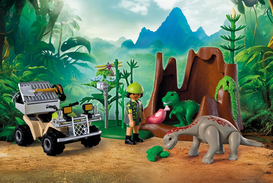 Playmobil Dinos – Esconderijo dos Dinossauros, Explorador com Quadriciclo, Filhote de T-Rex e Filhote de Braquiossauro, Brinquedo para crianças a partir de 4 anos, 72069