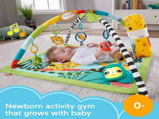 Tapete de Atividades Sensorial 3 em 1 Fisher-Price com Tema Floresta Tropical | Tapete de Atividades para Bebês e Crianças Pequenas com Bicho-Preguiça Musical Iluminado, Brinquedos e Tapete Confortável para Atividades na Selva HJW08