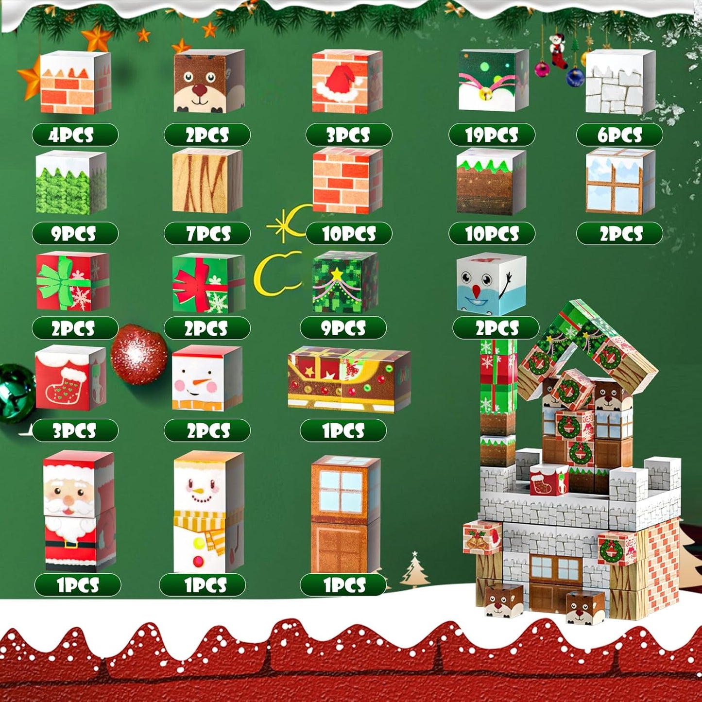 Uuoeebb 100 peças de blocos de construção magnéticos - Construa o meu mundo com telhas magnéticas de neve de Natal, cubos de construção magnéticos para crianças 3+