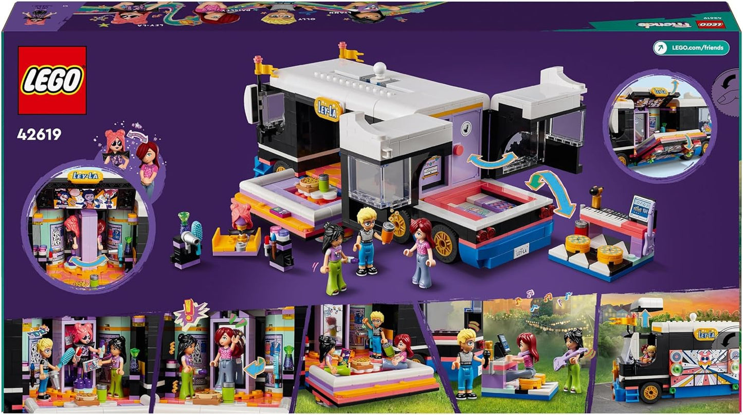 LEGO Friends Pop Star Autobús turístico de juguete para niñas, niños y niños a partir de 8 años, kit de construcción de vehículos con 4 minipersonajes para aventuras musicales, idea de regalo 42619
