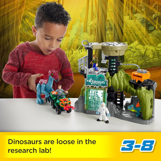 Fisher-Price Conjunto de brinquedo Imaginext Jurassic World Laboratório de Dinossauros com figuras de Owen, Grady, Maisie e Dr. Grant, Therizinosaurus e Dimetrodon, para crianças a partir de 3 anos, HPT69