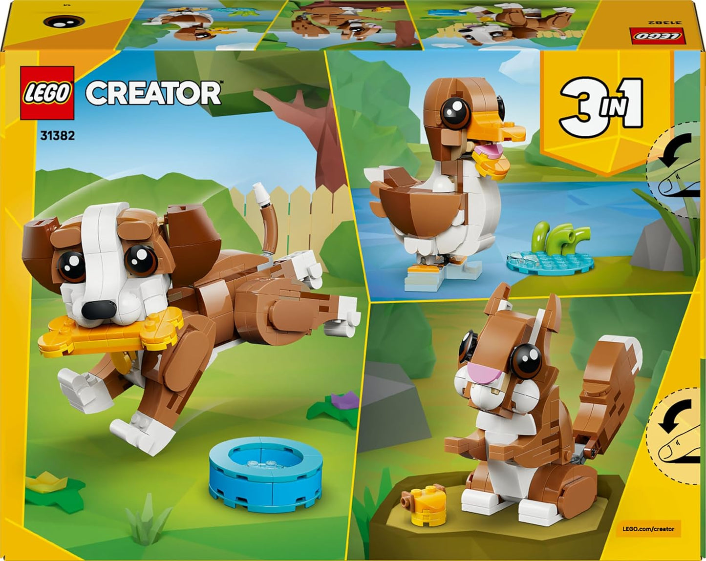 LEGO Creator 3 em 1 Animais Fofos: Cachorrinho de Brinquedo Divertido - Figura de Animal de Estimação que se Transforma em Esquilo ou Pato - Presente de Aniversário Criativo para Meninas e Meninos a partir de 8 Anos - 31382