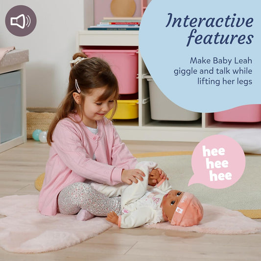 Baby Annabell Interativa Leah 43cm - Boneca de corpo macio com movimentos realistas, sons e acessórios - Adequada para crianças a partir de 3 anos