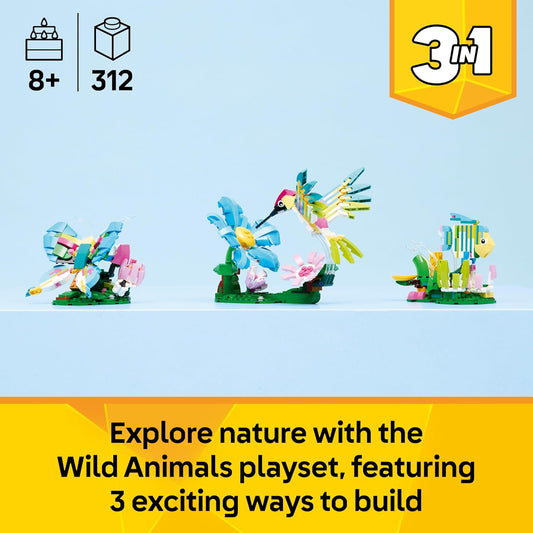 LEGO Creator 3 em 1 Animais Selvagens: Beija-flor Colorido - Brinquedo de Pássaro que se Transforma em Borboleta ou Peixe - Ideia de Decoração DIY para o Quarto - Presente Criativo para Meninas e Meninos a partir de 8 Anos - 31384