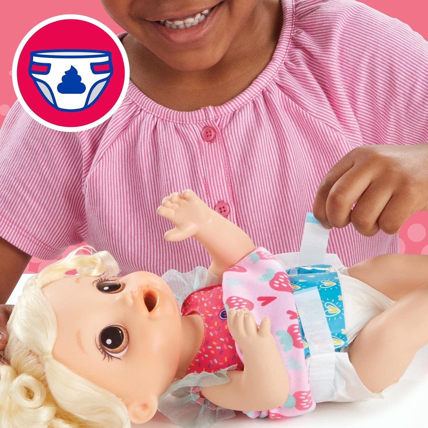 Baby Alive Magic Mixer Baby Doll Strawberry Shake com acessórios de liquidificador, bebidas, molha, come, brinquedo de cabelo loiro para crianças a partir de 3 anos