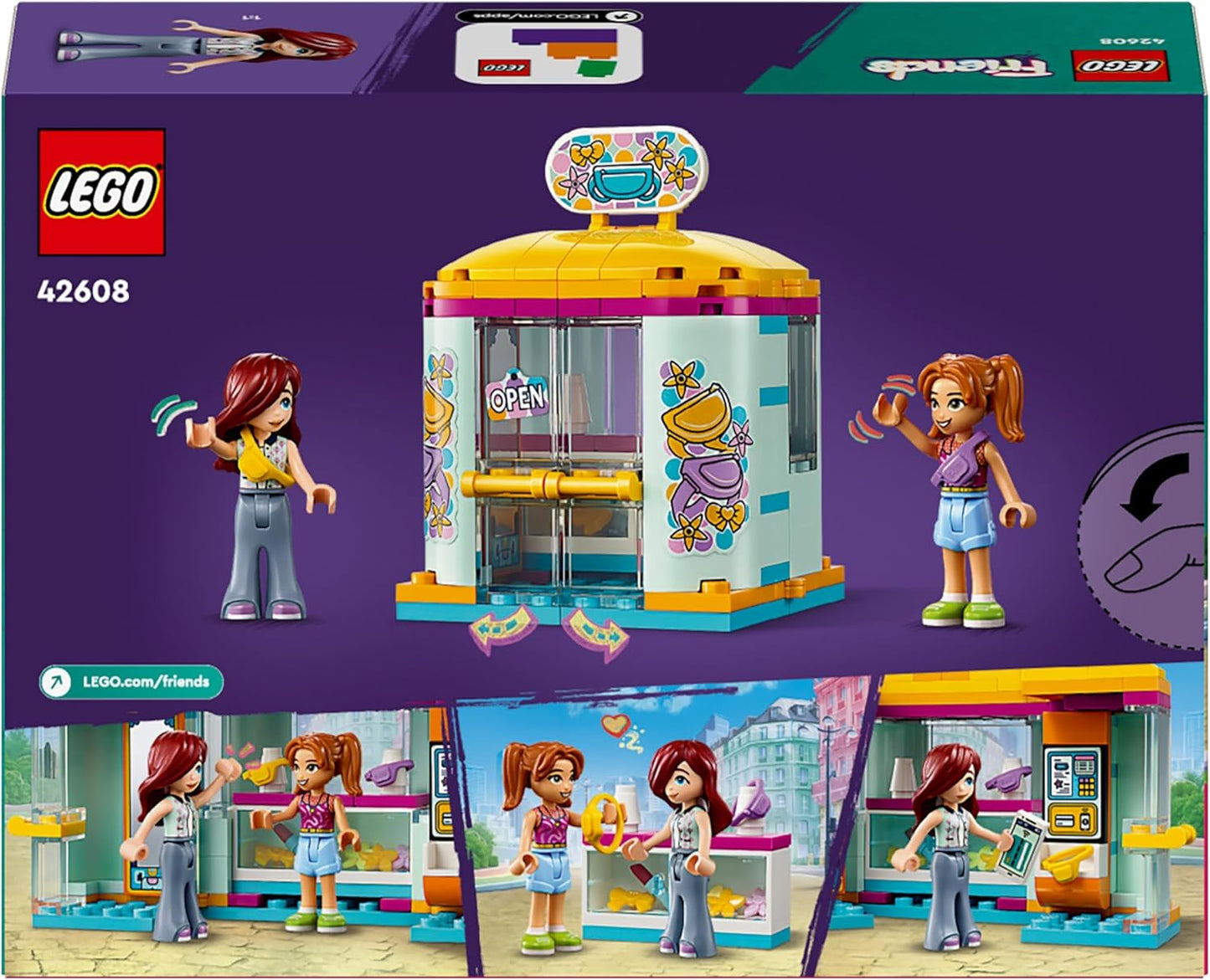 LEGO Loja de acessórios minúsculos Friends, brinquedo de construção para meninas, meninos e crianças de 6 anos ou mais, conjunto de minibonecas com personagens Paisley e Candi, pequena ideia de presente de aniversário 42608