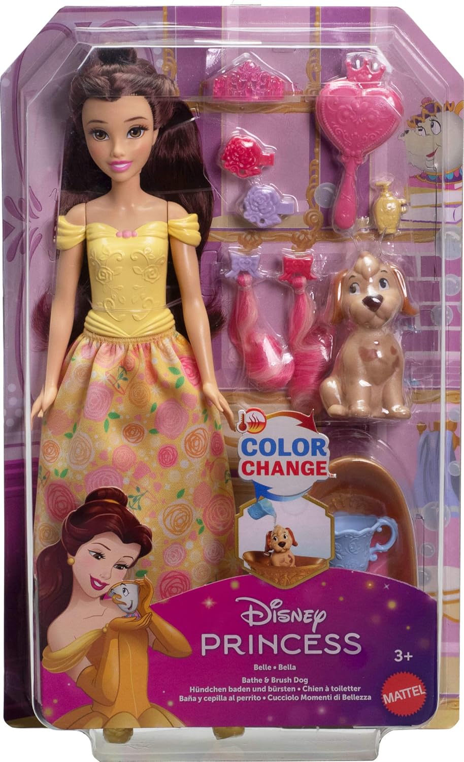 Mattel Boneca Disney Princess Bela e Cachorrinho com Manchas que Mudam de Cor | Inclui figura de cachorro para dar banho e cuidar, com banheira, escova e acessórios de cabelo; inspirado no filme da Disney (JFC42)