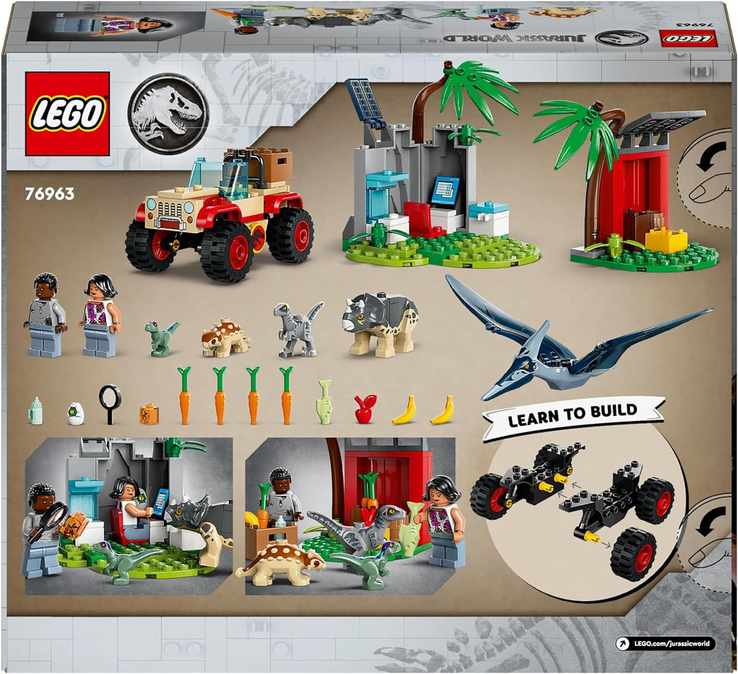 LEGO Jurassic World Baby Dinosaur Rescue Center Toy para crianças, Mini Triceratops, Ankylosaurus e Velociraptor Dino Figure Toys, presentes para meninos e meninas de 4 anos ou mais 76963