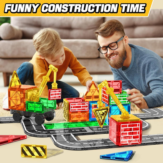 Magnetic Tiles Road Building Blocks - Magnet Crane Car Set for Kids Montessori Preschool STEM Learning Construction Dinosaur Toddler Toys for 3 4 5 6 7 8+ Year Old Boys Girls Christmas Birthday Gifts