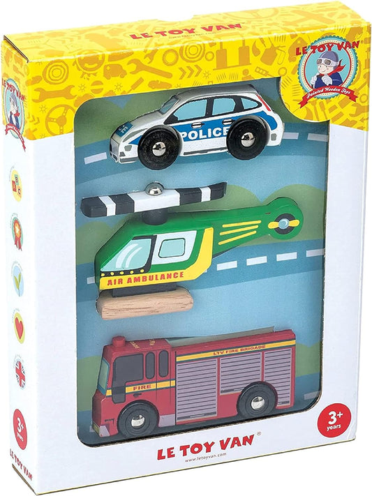 Le Toy Van - Carros e construção Conjunto de veículos de emergência de madeira Conjunto de brinquedos para carros - Conjunto 3 carros | Brinquedos de dramatização para veículos infantis - adequados para crianças de 2 anos +