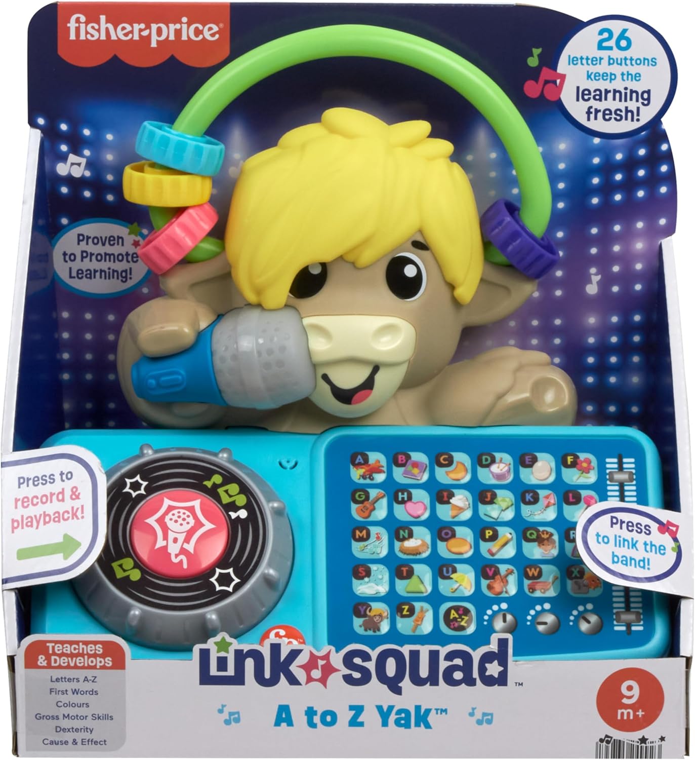 Fisher-Price Brinquedo de aprendizagem para bebês Link Squad A a Z Yak com música interativa e luzes para idades de 9+ meses, inglês do Reino Unido, compatível apenas com itens Link Squad, HYL23