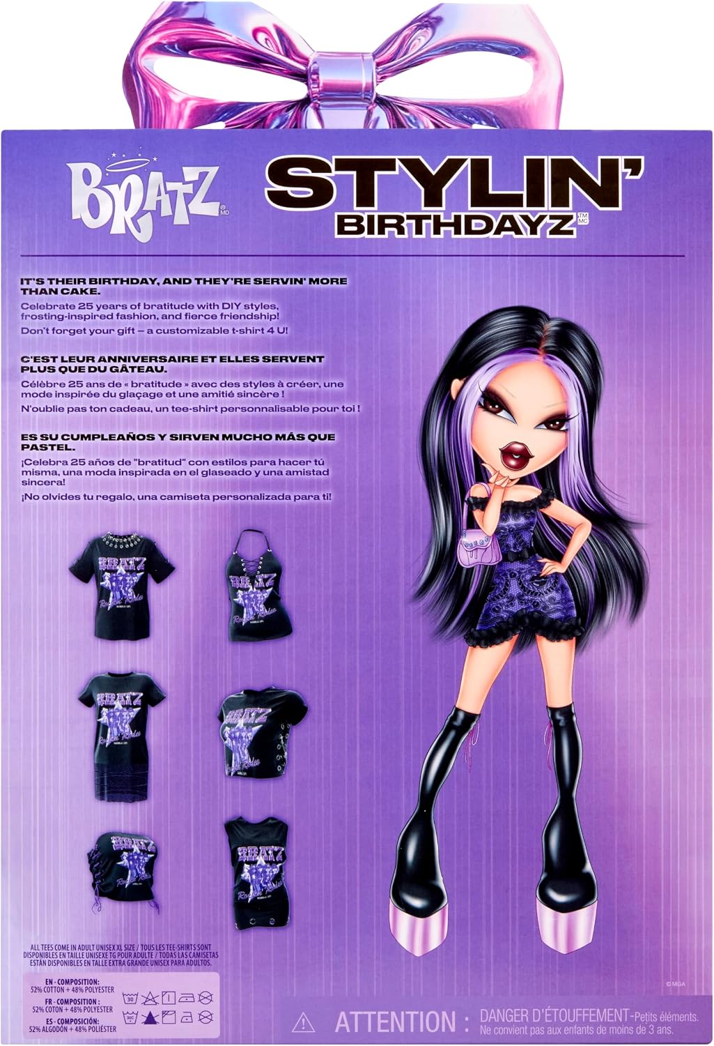 Bratz Boneca Stylin’ Birthdayz – Jade com roupa de festa (camiseta roxa de cetim e botas pretas), camiseta com estampa, embalagem temática de aniversário – Coleção Stylin’ Birthdayz