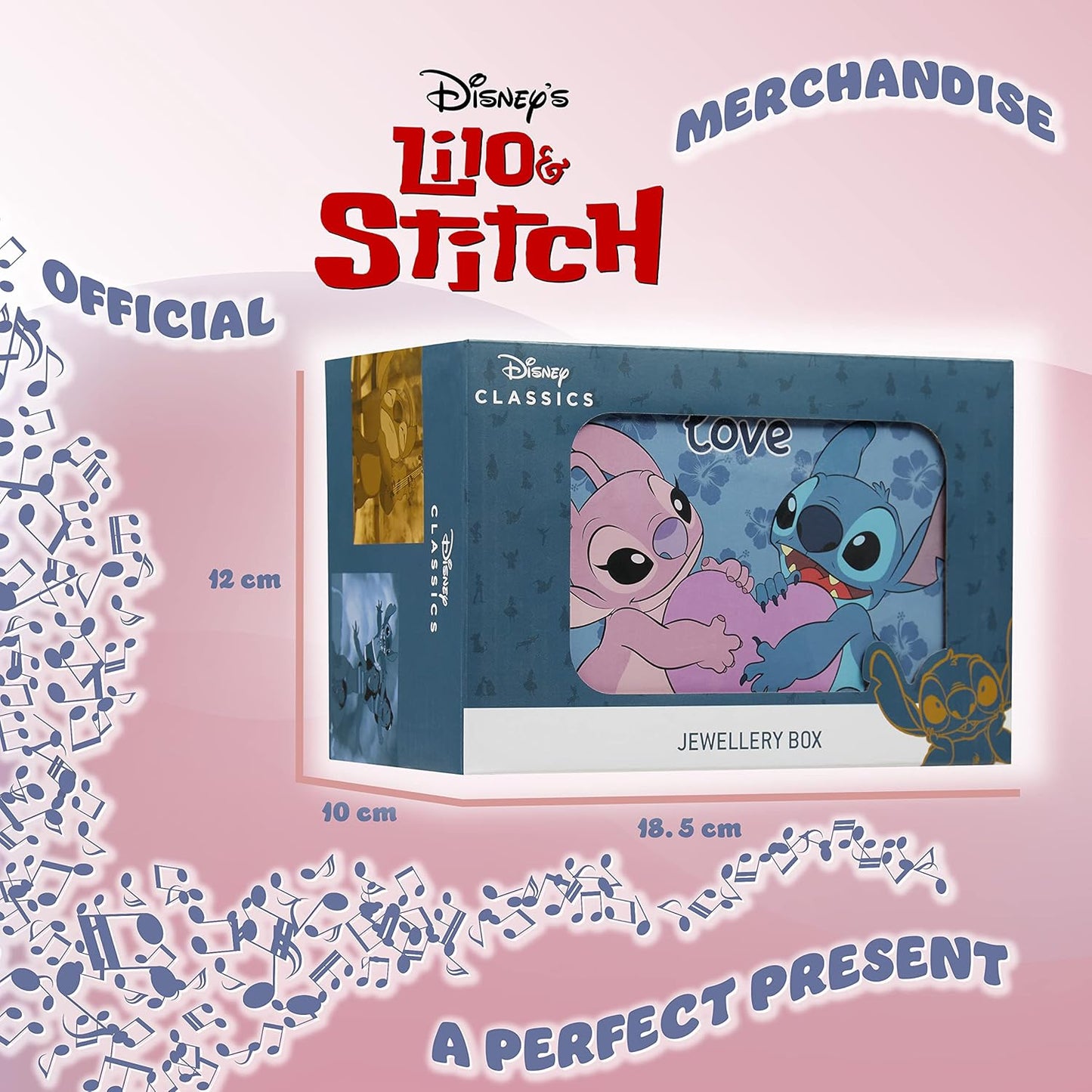 Disney - Musical Stitch & Angel Jewellery Box para meninas | Oficialmente licenciado | Melodia mágica de corda, boneco giratório | 18,5 cm C x 12 cm L x 10 cm P, azul, tamanho único, plástico