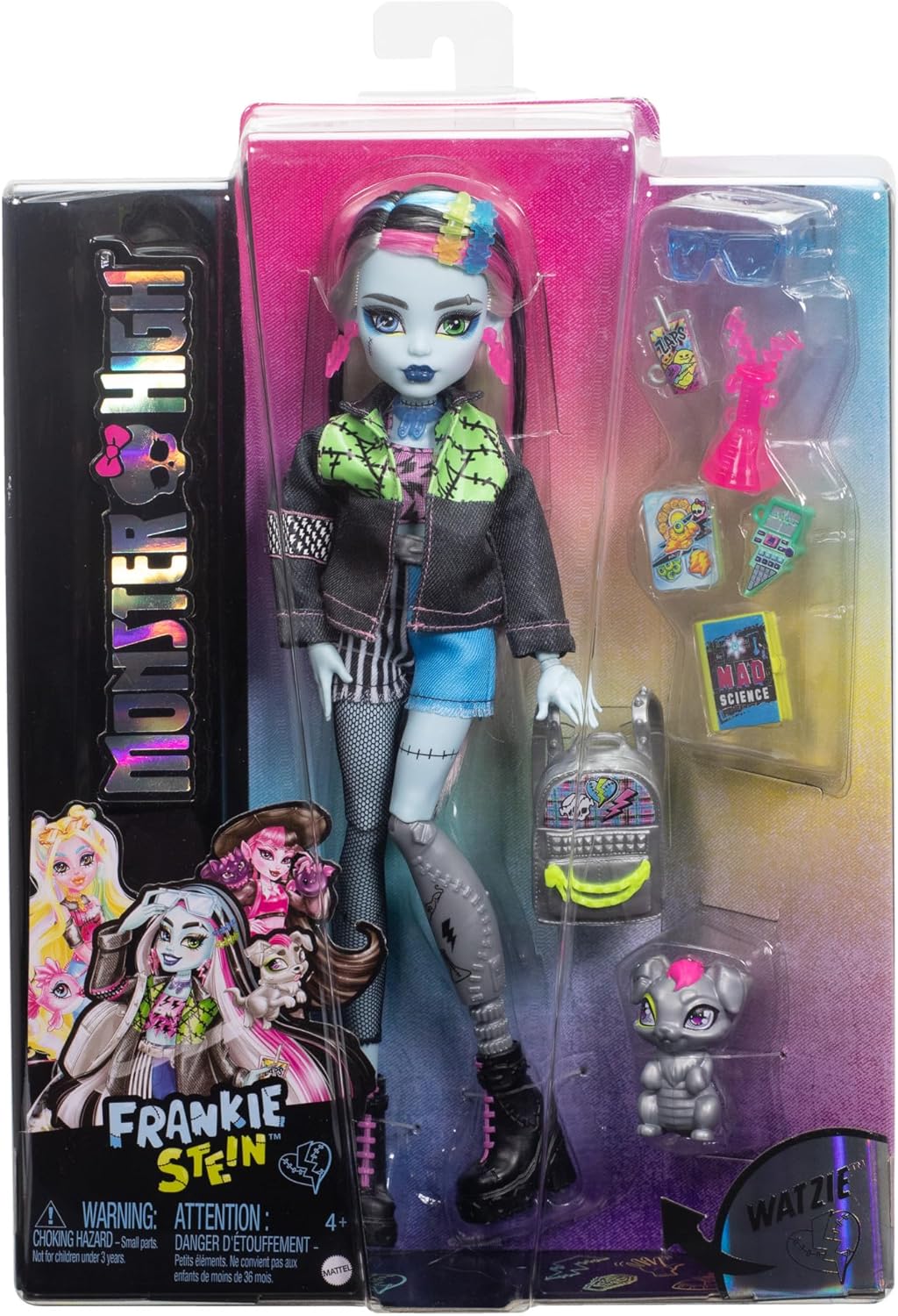 Monster High Boneca Frankie Stein da com jaqueta e shorts jeans, inclui o cachorrinho Watzie e acessórios como mochila, lanche e caderno, HXH73