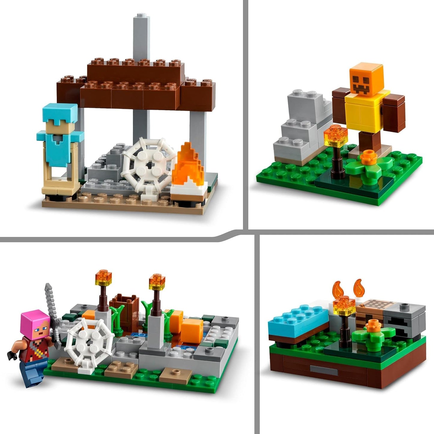 LEGO 21190 Minecraft The Abandoned Village Construction Set com acampamento de caçadores de zumbis, oficina, casa e brinquedo de fazenda, além de figuras de aldeões e gatos
